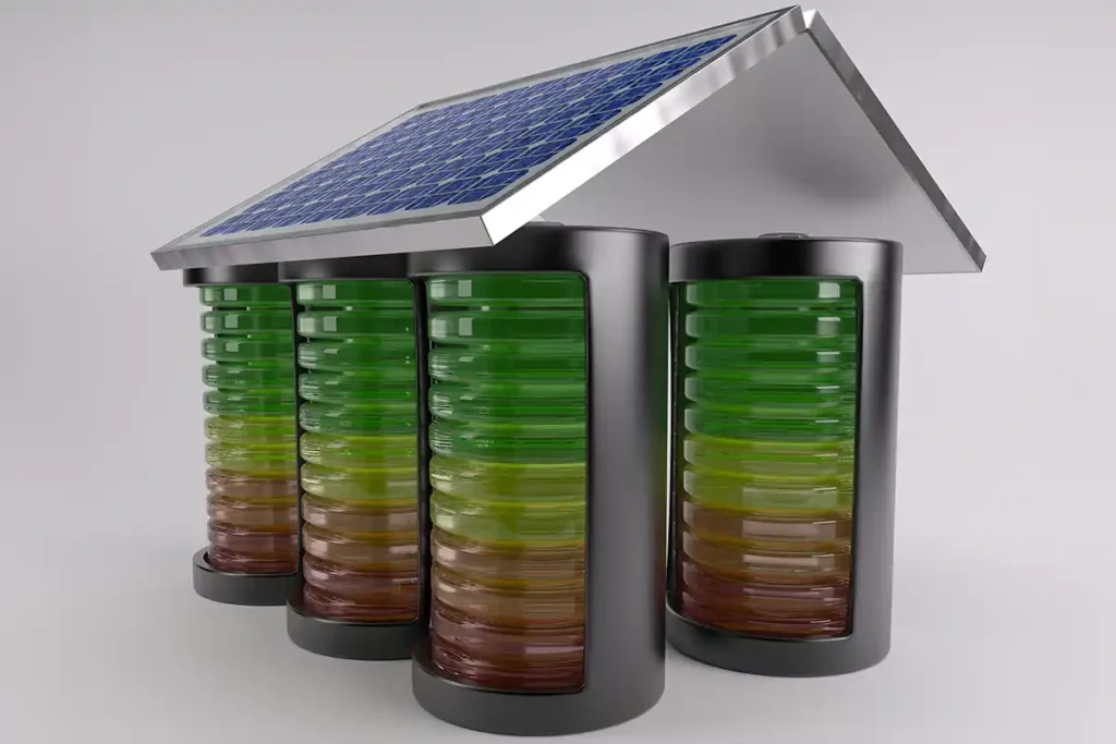 Image shows a house made of pillars that are represented as batteries to highlight that solar batteries are great for ensuring you have the power you need.
