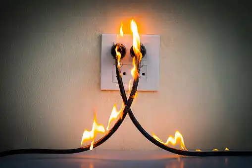 Image shows to wires on fire to highlight why it is important to have a controller for solar panel battery
