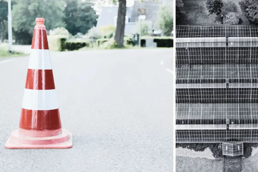 image shows a street cone to represent caution to avoid damaging solar panels when pressure washing them.