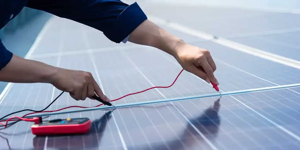 Image shows a person testing if the solar panels are performing well and if the solar panels need to be replaced.