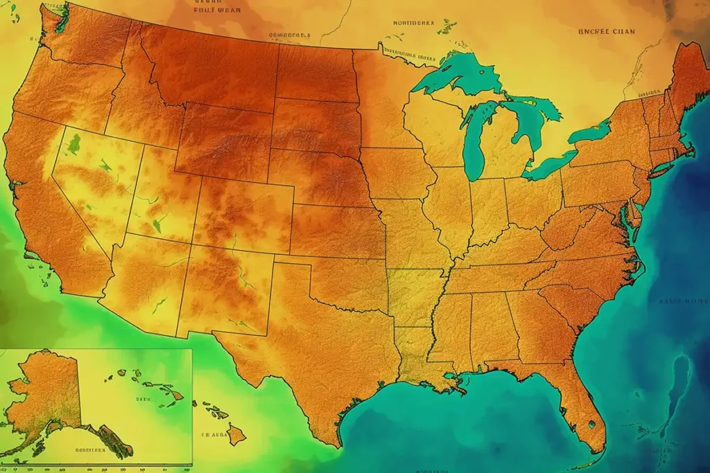 Images shows the temperature difference between the states using a map of the United States to highlight why region is an important factor for choosing between geothermal energy vs solar energy.
