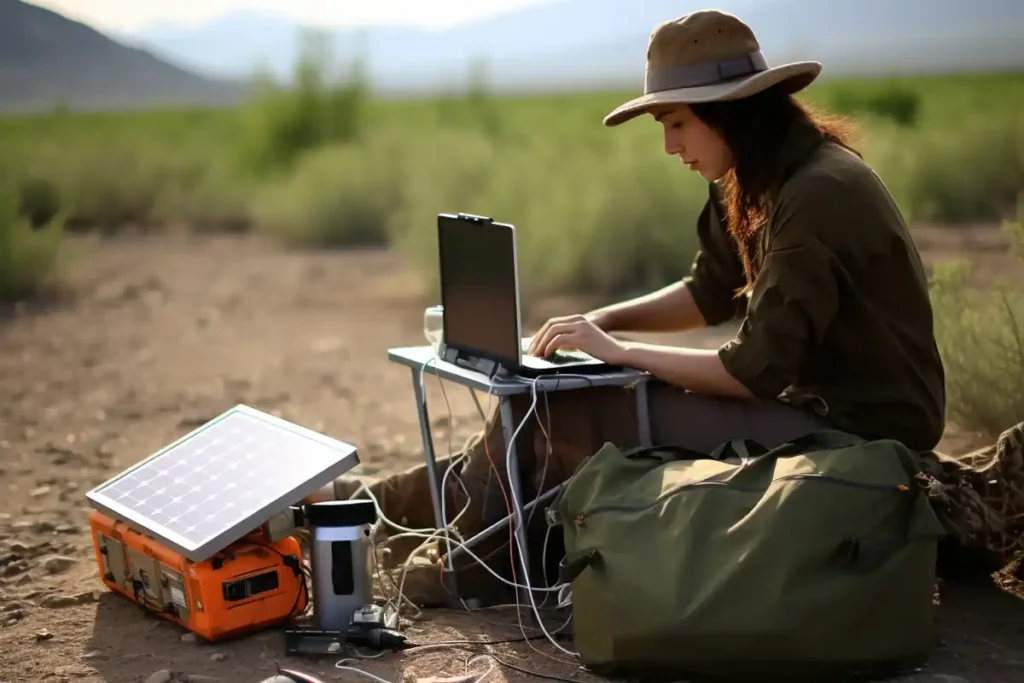 Images shows a women using solar panels out in the desert to charge her equipment such as computer.
