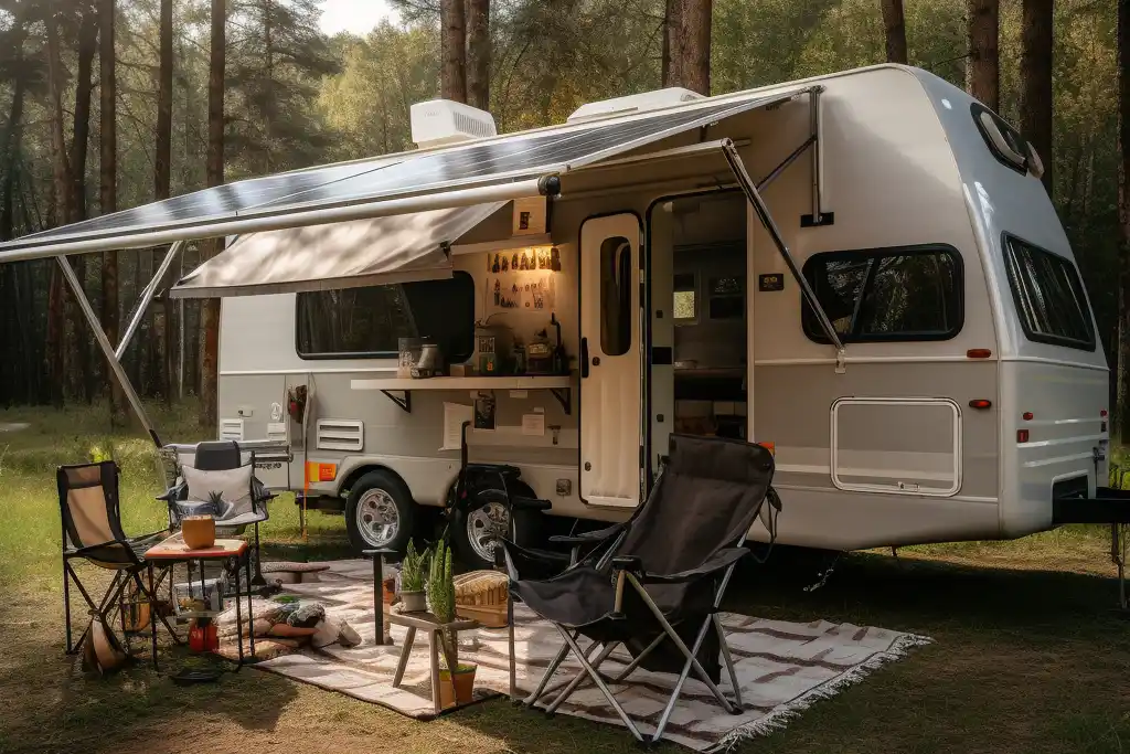 Image shows solar panels on the retractable roof of a mobile home to show that solar panels can power your mobile home without damaging the exterior.
