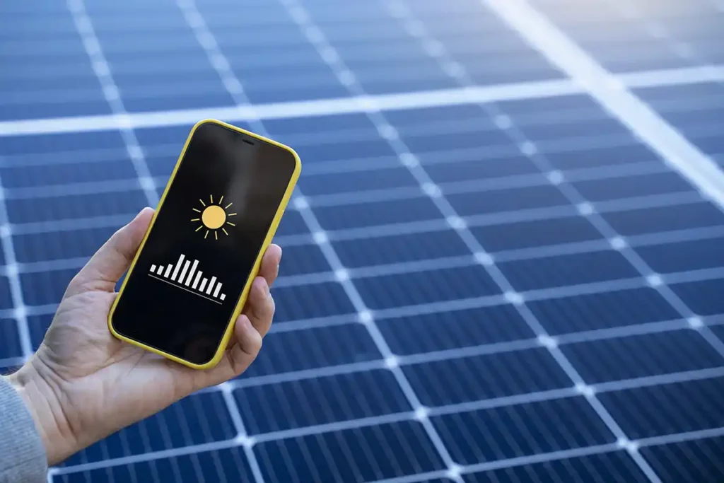  Image shows a person using their smartphone to check on their solar panel energy which can also monitor the smart thermostat 
