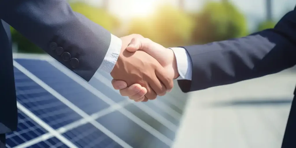 Shaking hands to show a PPA, purchase power agreement, for for solar panels.