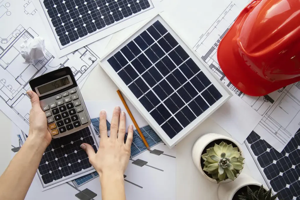 Image shows a calculator next to a solar panel show what you can save in money and what you can run on 500 watt solar panels.
